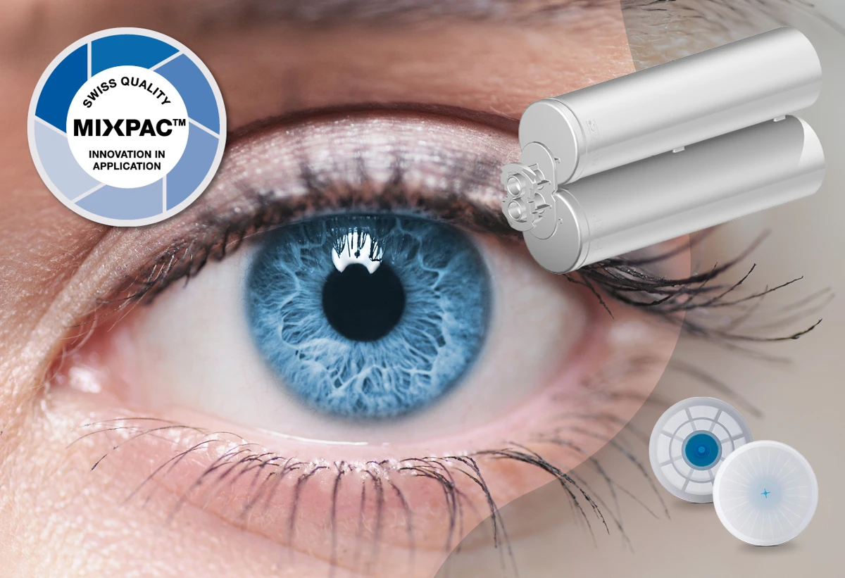 MIXPAC piston technology: two-component cartridges and the genuine blue vent plug &mdash; the blue eye.