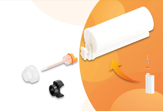 Components of a two-part adhesive cartridge system, including static mixer, cap, and locking collar, with an assembly illustration